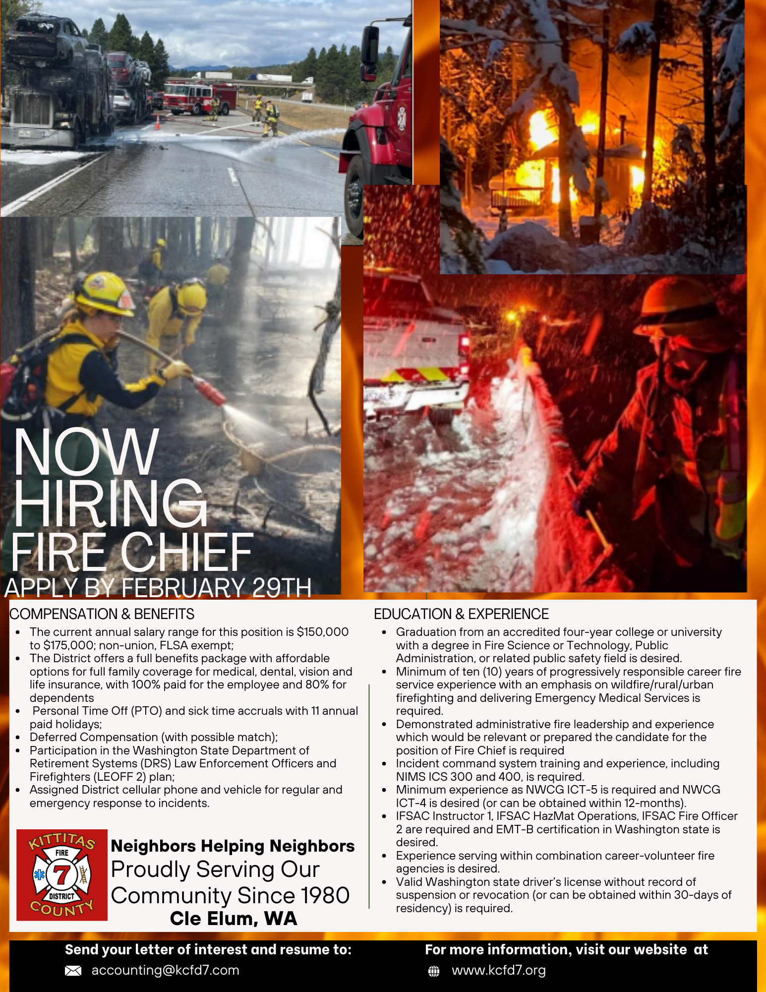 Fire department hiring a Fire Chief. Includes benefits, salary info, and application instructions. Located in Cle Elum, WA.