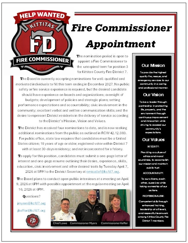 Notice seeking nominations for a Fire Commissioner in Kittitas County Fire District 7. Deadline: April 7, 2022. Interviews on April 9.