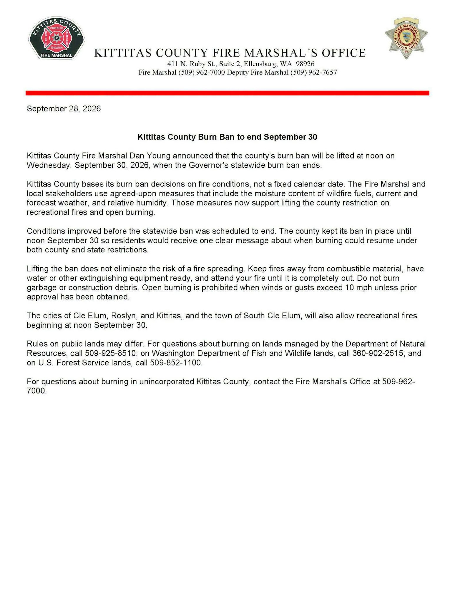 Kittitas County's burn ban ends on September 30, 2026, allowing recreational fires with safety guidelines in place.