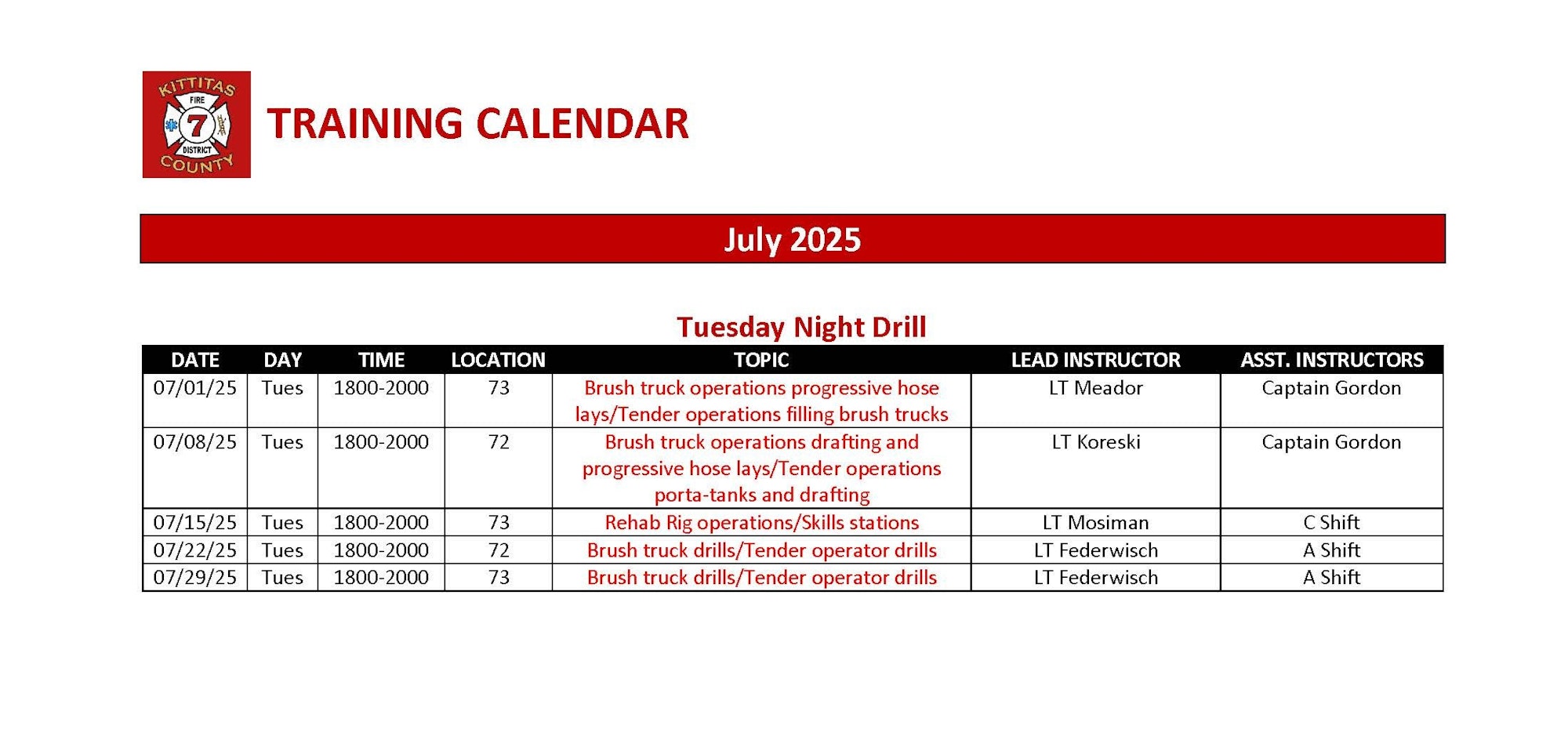 Kittitas County Fire District 7 Training Calendar for July 2025, listing Tuesday Night Drills with dates, topics, and instructors.