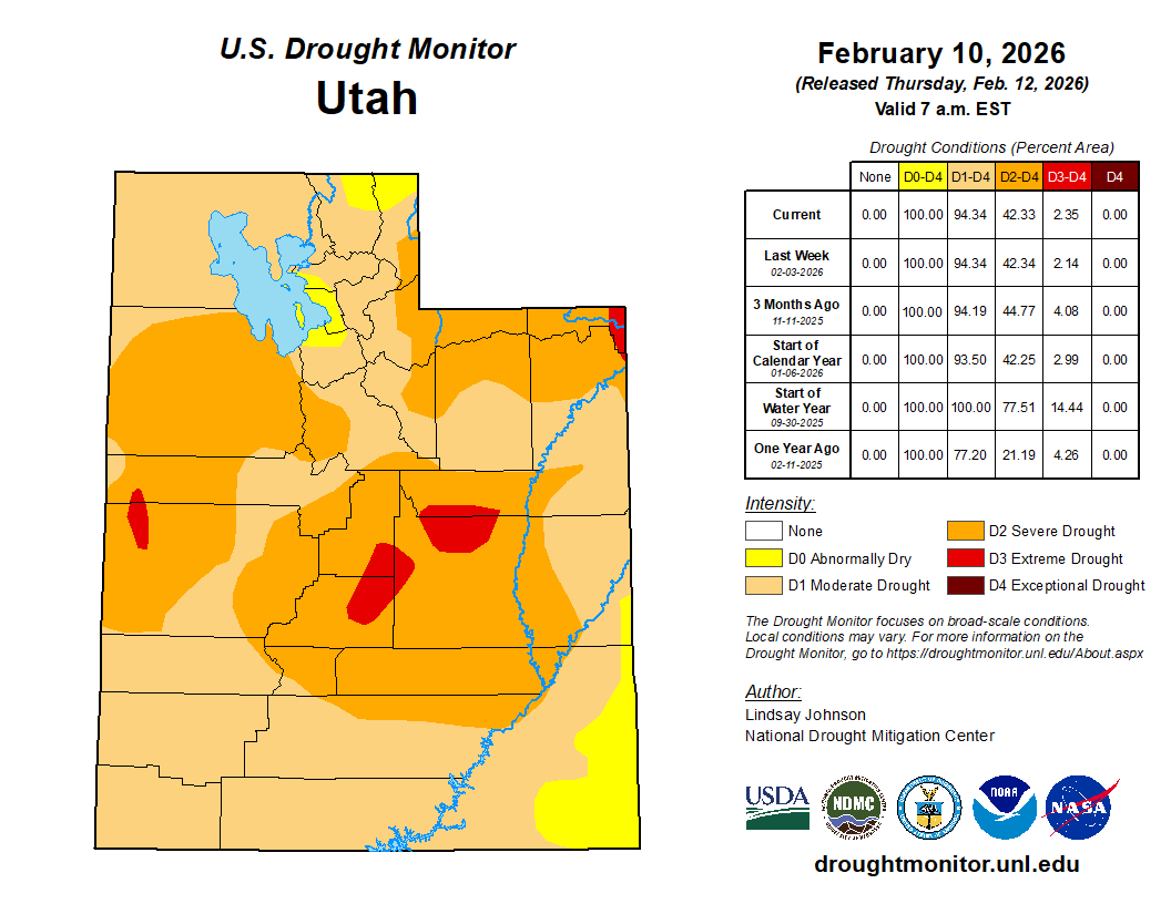 Drought conditions in Utah as of February 10, 2026, showing varying drought levels across different regions.