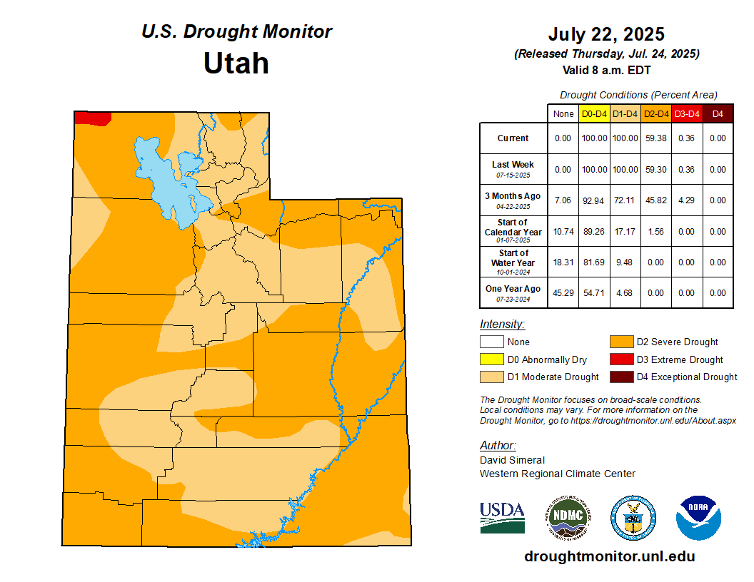 U.S. Drought Monitor map for Utah on July 22, 2025, showing varying drought levels, with a focus on D0 (Abnormally Dry) and D1 (Moderate Drought).