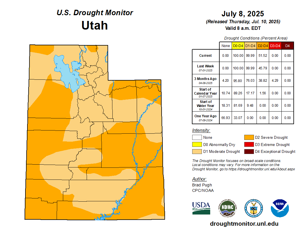 Map of Utah showing drought conditions as of July 8, 2025; predominantly "D0 Abnormally Dry" areas.