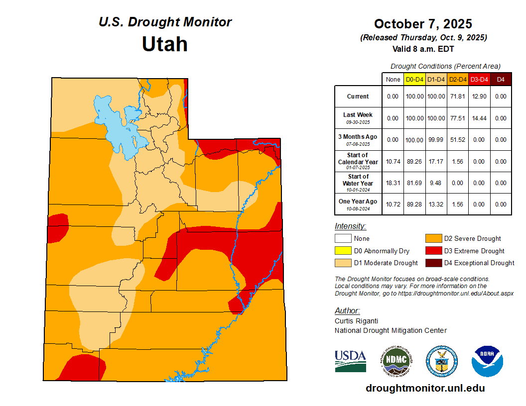 Utah drought map showing various drought levels (D0-D4) as of October 7, 2025, using color-coded intensity indicators.