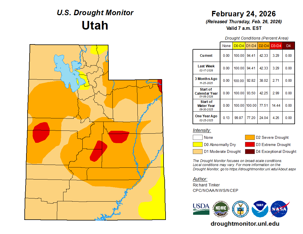 The image shows a drought map of Utah as of February 24, 2026, highlighting varying drought conditions across the state.