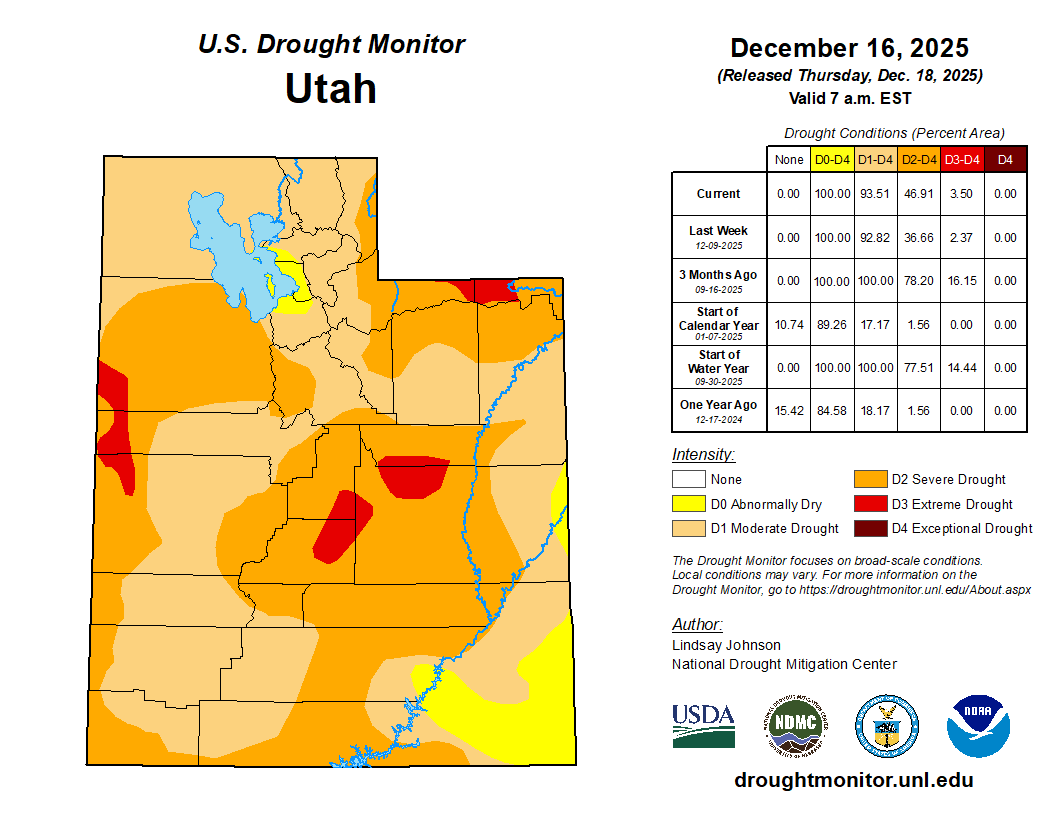 The image is a U.S. Drought Monitor map for Utah, showing drought conditions as of December 16, 2025, with varying intensity levels.