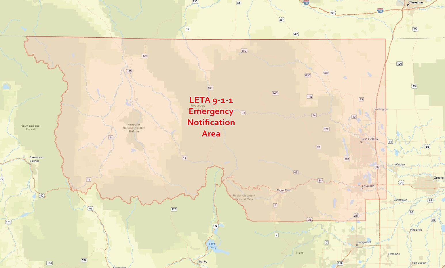 Map showing the LETA 9-1-1 Emergency Notification Area in Colorado.