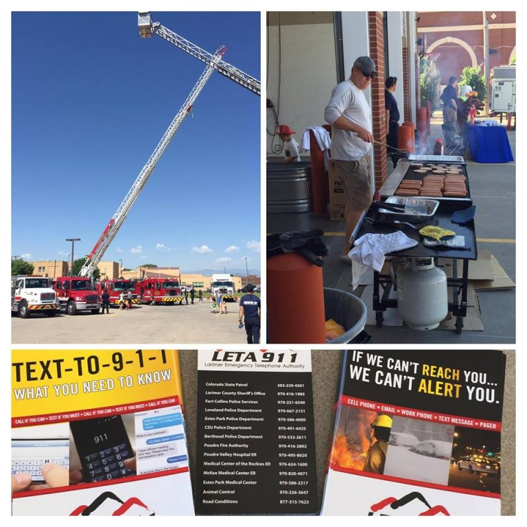 A collage of a fire department event, BBQ grilling, and emergency 911 informational flyers.