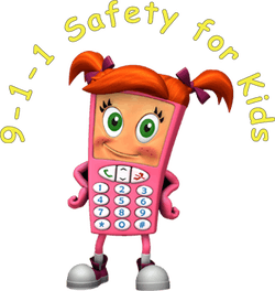 An animated character designed as a phone with "9-1-1 Safety for Kids" text, promoting emergency awareness for children.