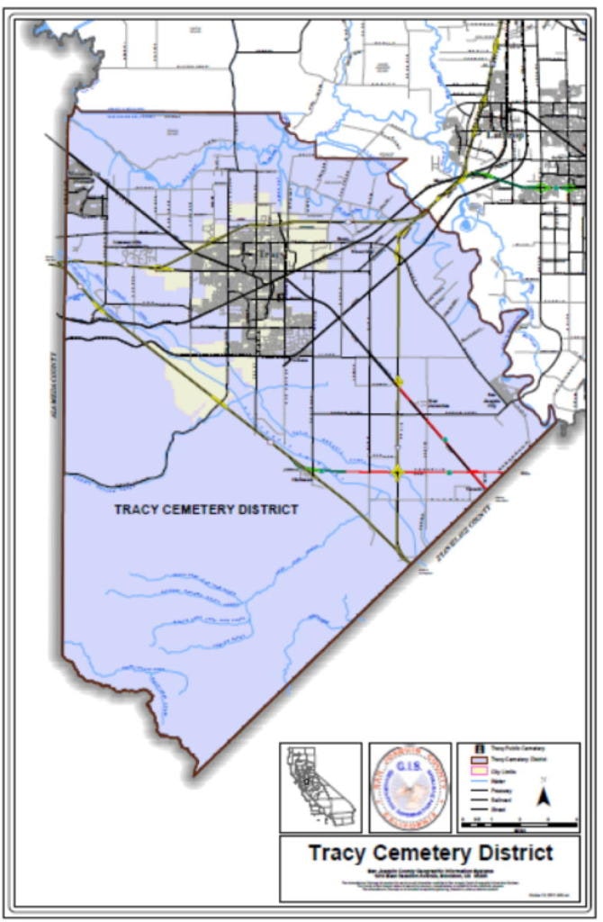 Map of Tracy Cemetery District showing roads, waterways, and boundaries.