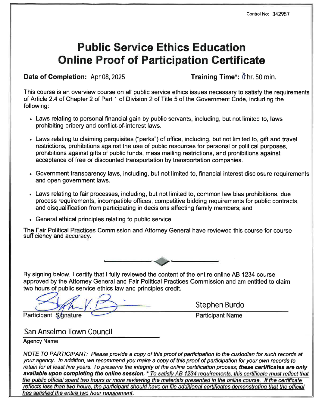 Public Service Ethics Education certificate, completed on Apr 8, 2025, training time 0 hr. 50 min. Signed by Stephen Burdo.