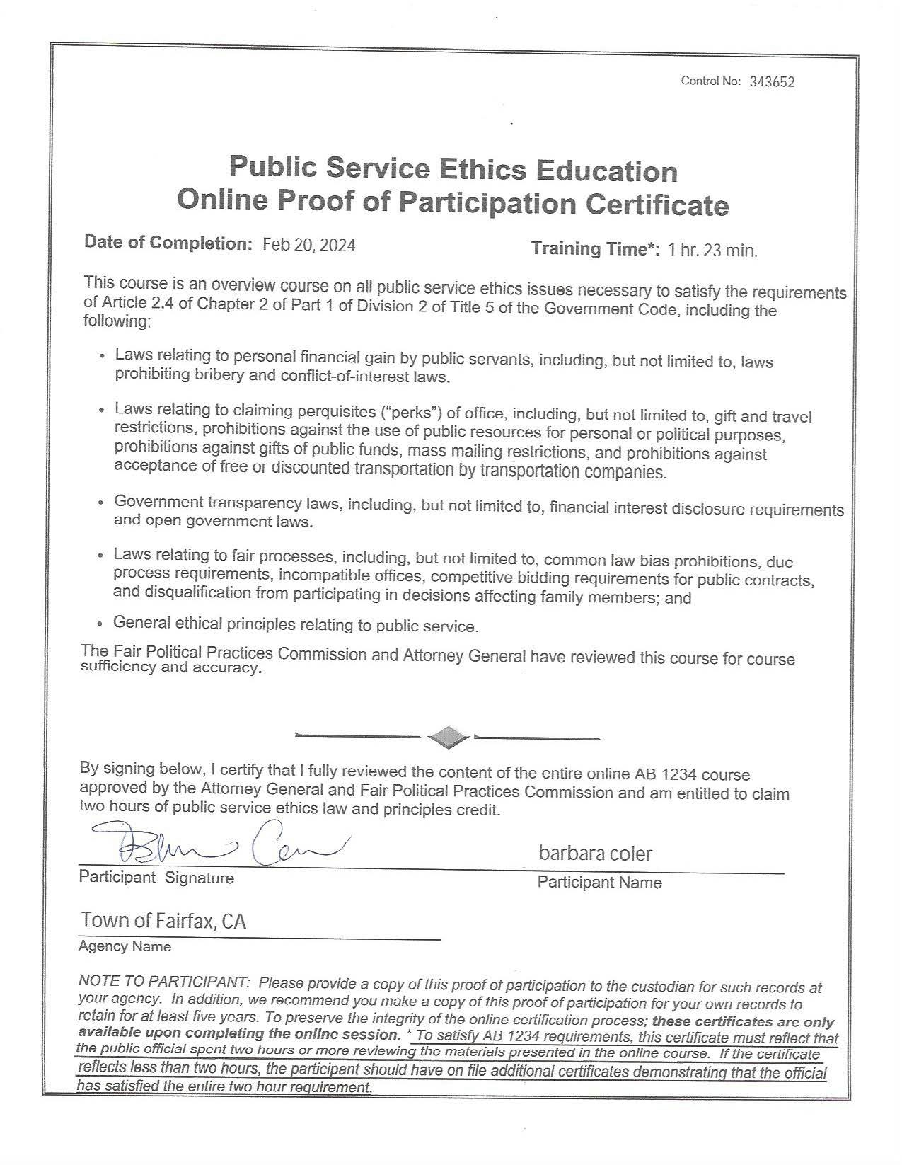 Public Service Ethics Education certificate, completion date Feb 20, 2024.