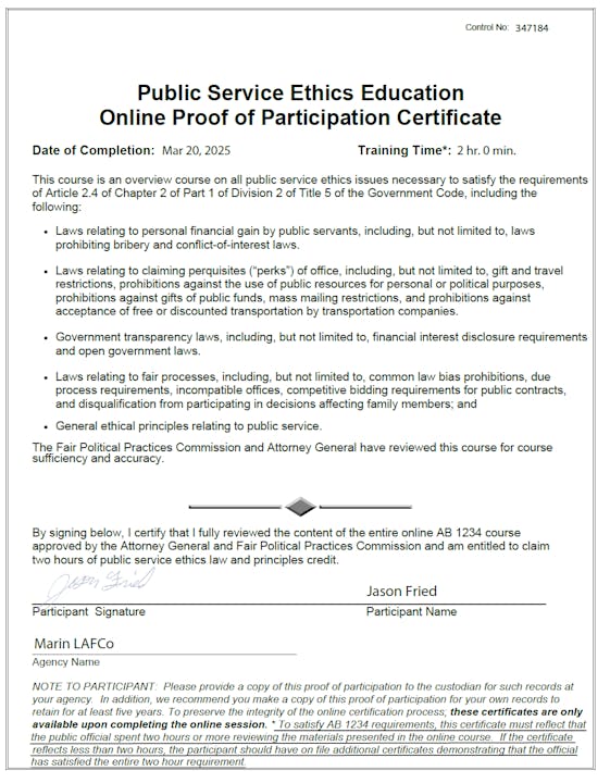 Public Service Ethics Education certificate for completing a 2-hour online course on ethics laws and principles.
