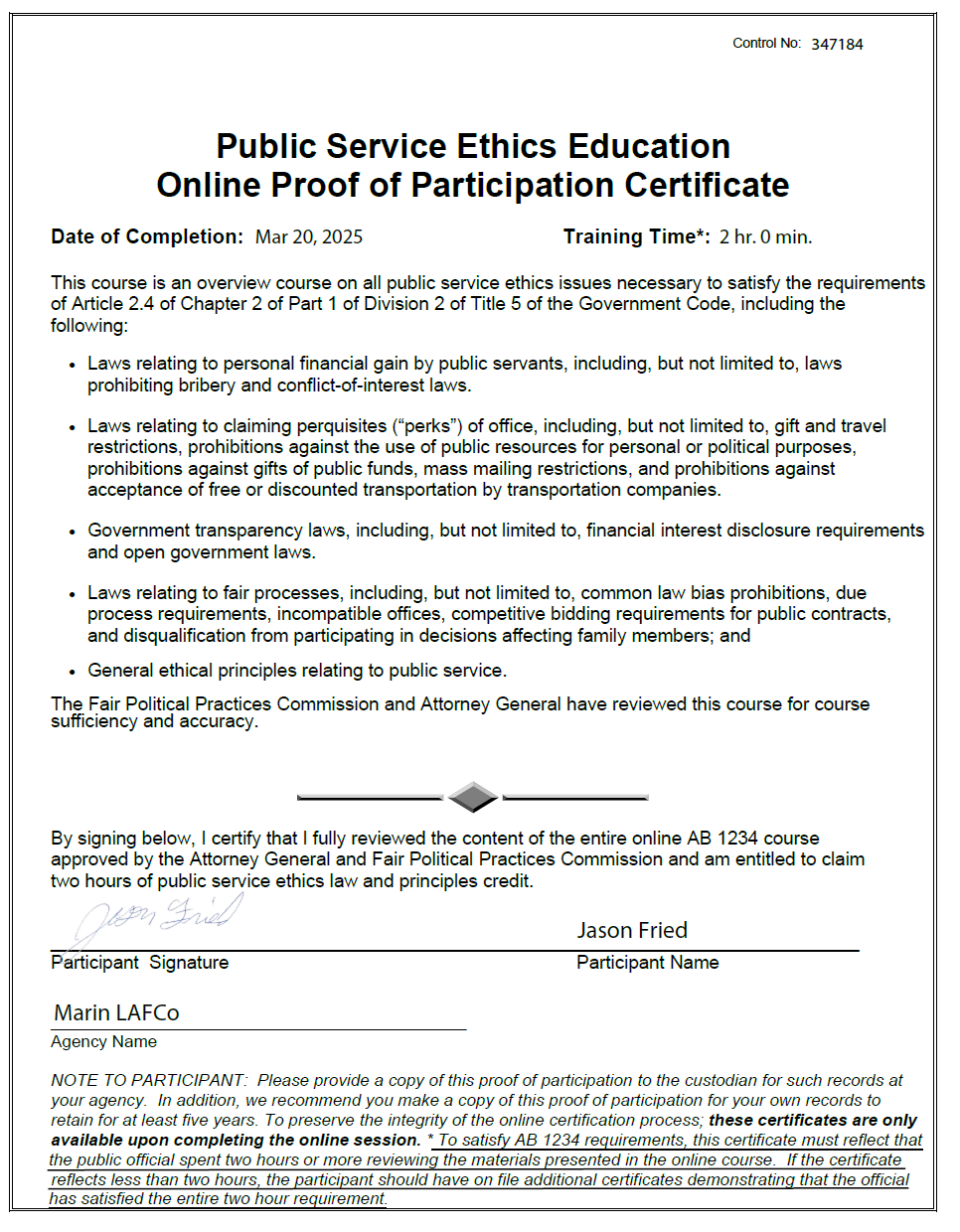 Public Service Ethics Education certificate for completing a 2-hour online course on ethics laws and principles.