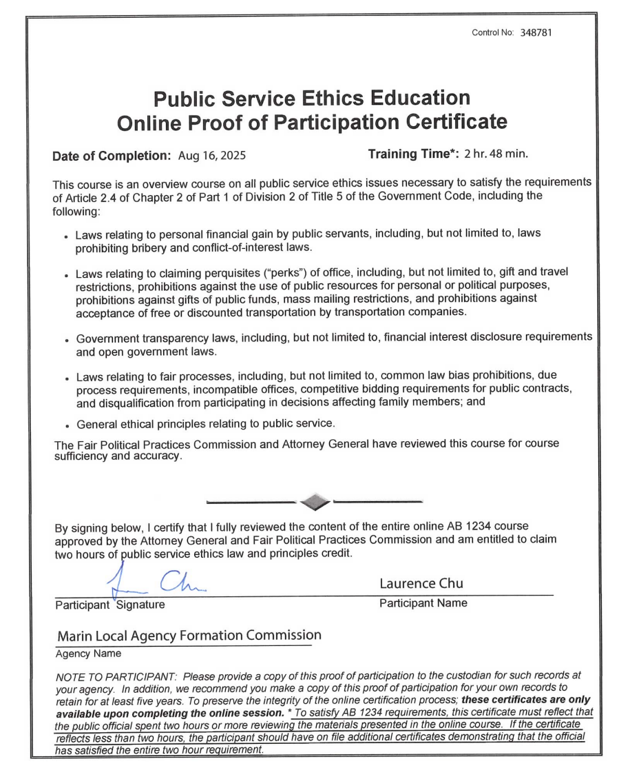 Public Service Ethics Education certificate; completed on Aug 16, 2025. Includes laws on financial gain, transparency, fairness. Signatory: Laurence Chu.