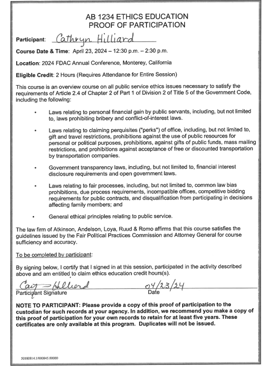 Proof of participation in AB 1234 ethics education course, covering laws on public service ethics, held on April 23, 2024.