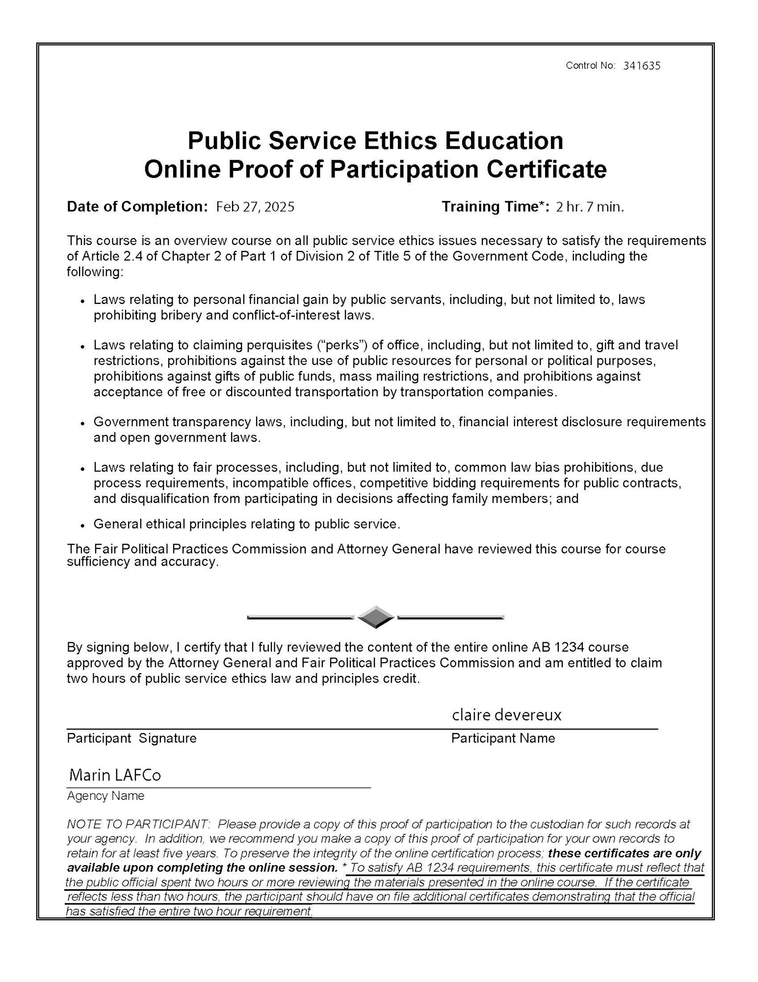 Public Service Ethics Education certificate with completion details and participant signature.