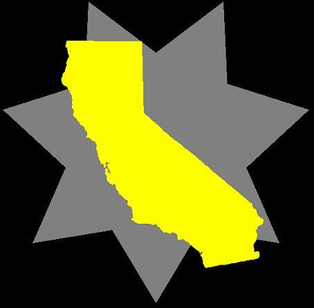 Yellow silhouette of California over a gray star-shaped background.