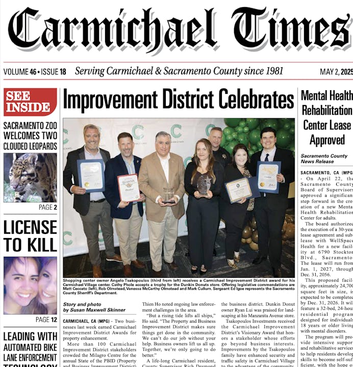 A newspaper front page featuring an improvement district celebration, Sacramento Zoo news, and a mental health center lease approval.
