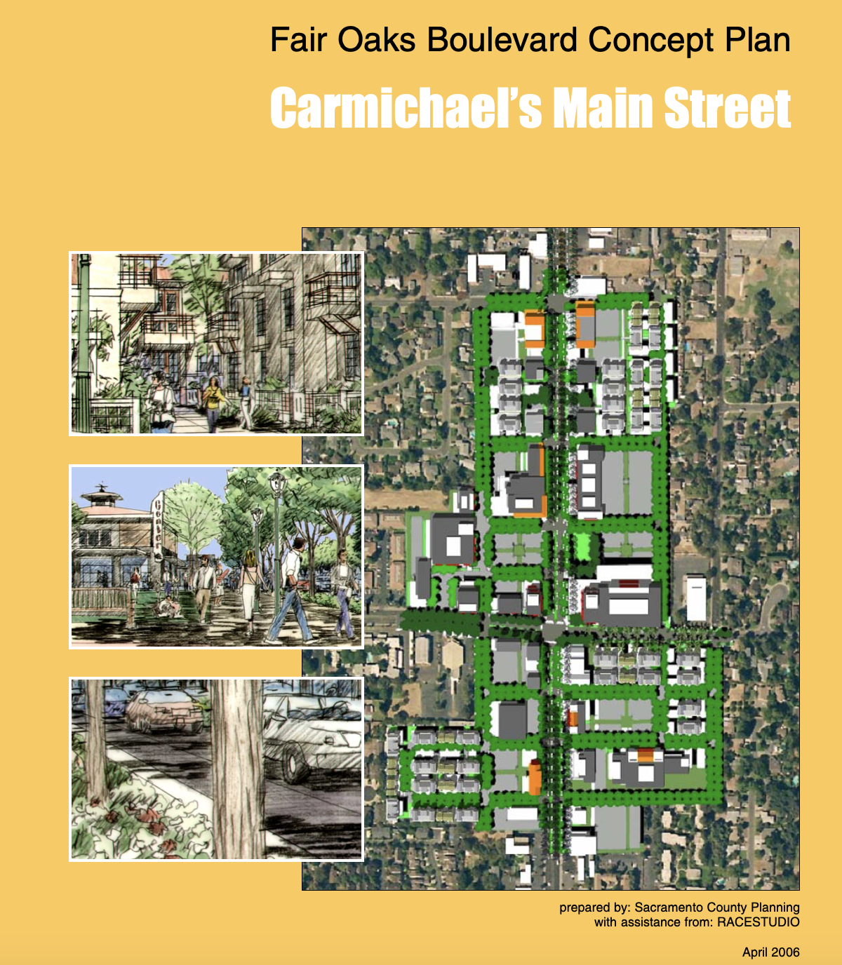 Fair Oaks Boulevard Concept Plan for Carmichael's Main Street, showing a map and illustrations of urban planning ideas.