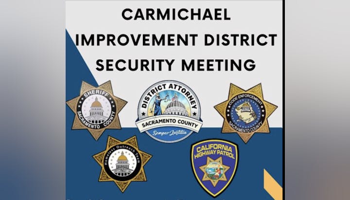 Carmichael Improvement District Security Meeting flyer with law enforcement badges.