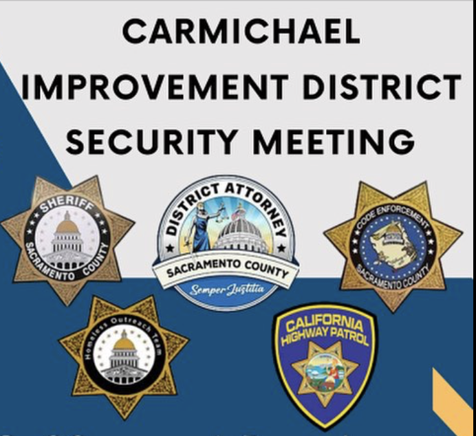 Carmichael Improvement District Security Meeting flyer with law enforcement badges.