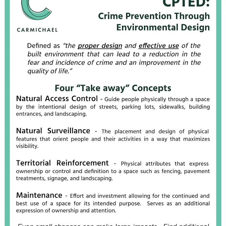 CPTED concepts: natural access control, surveillance, territorial reinforcement, and maintenance for crime prevention.