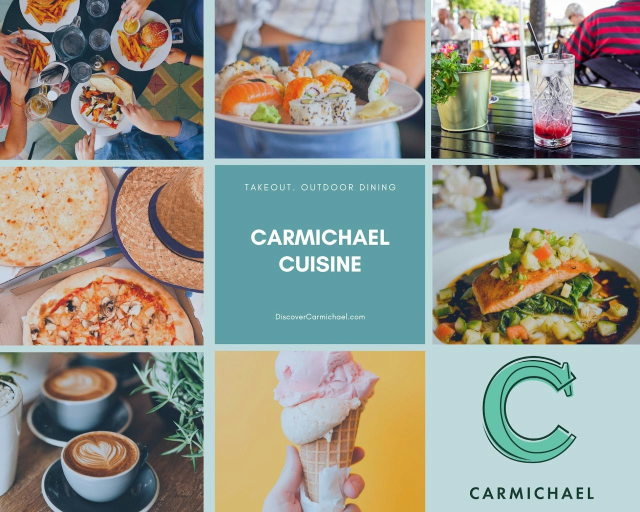 A collage of Carmichael Cuisine featuring sushi, burgers, pizza, ice cream, drinks, lattes, and more.