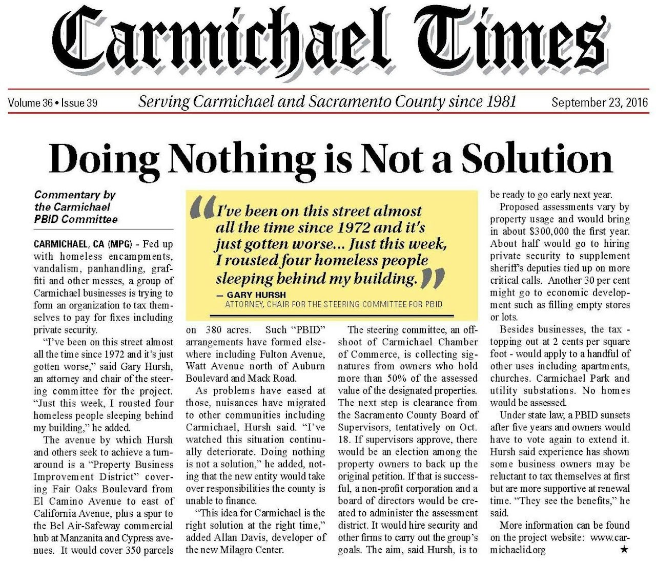 Newspaper article from Carmichael Times discussing issues with homelessness and vandalism. Suggests forming a business improvement district.