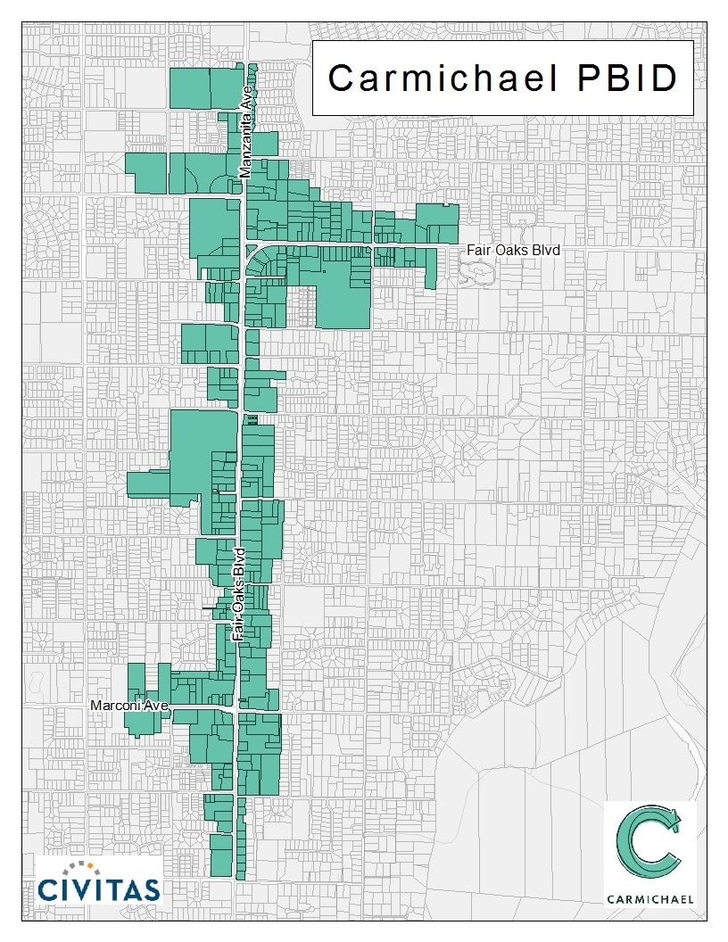 Map depicting the Carmichael PBID area with highlighted sections along Fair Oaks Blvd and Manzanita Ave.