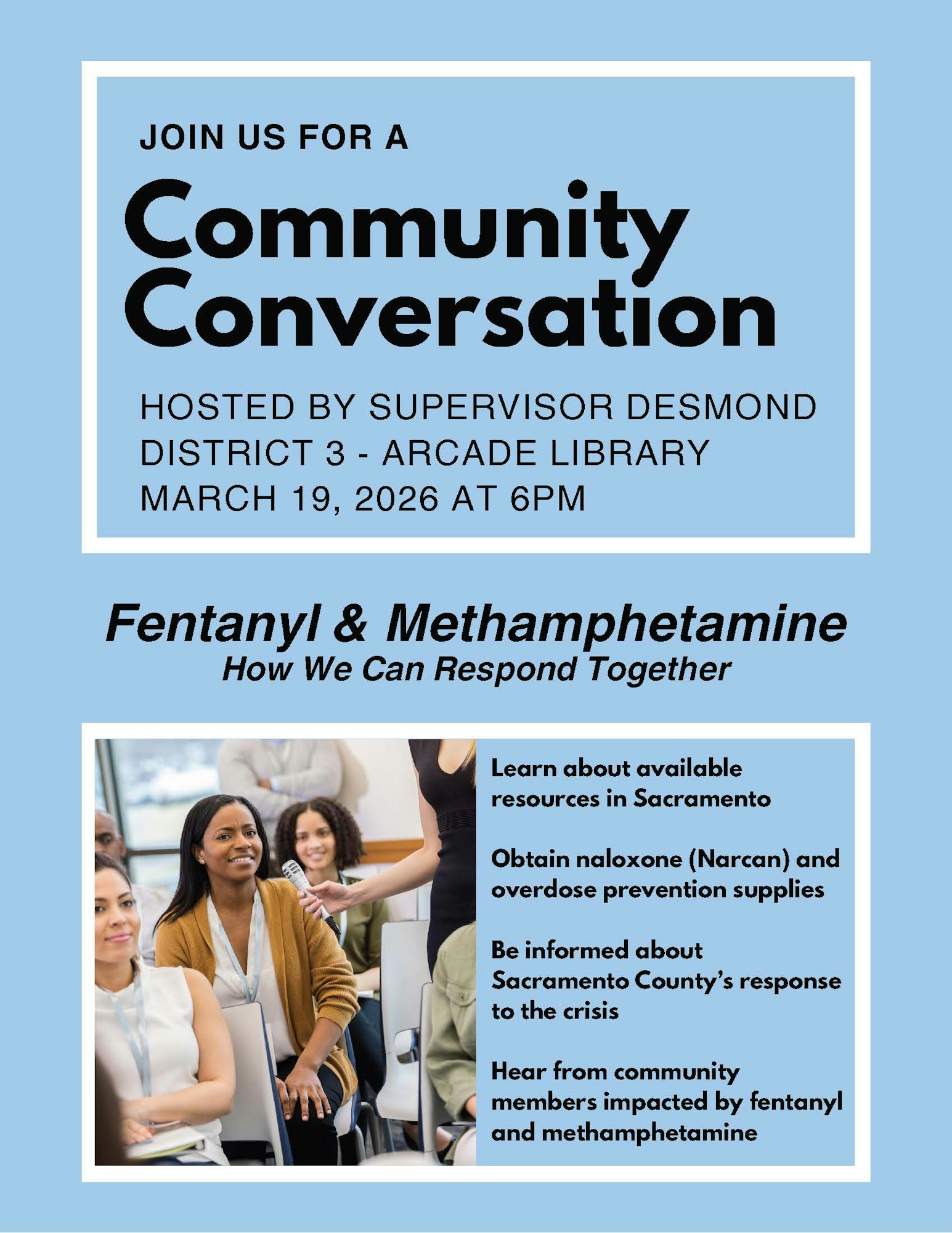 Community event on combating fentanyl & methamphetamine hosted by Supervisor Desmond on March 19, 2026, at Arcade Library.