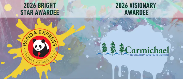 The image highlights two awards for 2026: "Bright Star Awardee" for Panda Express and "Visionary Awardee" for Carmichael Recreation and Park District.