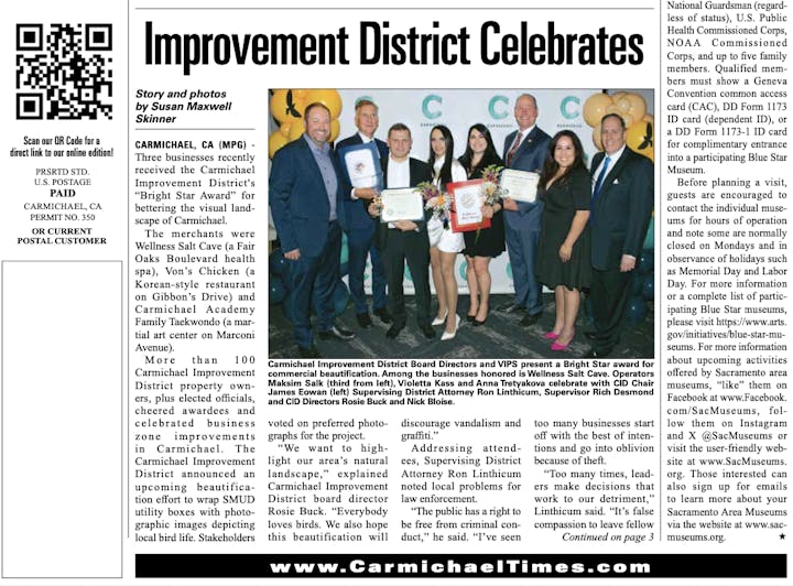 Carmichael Improvement District awards three businesses for beautification efforts. Includes photo of board directors and recipients.
