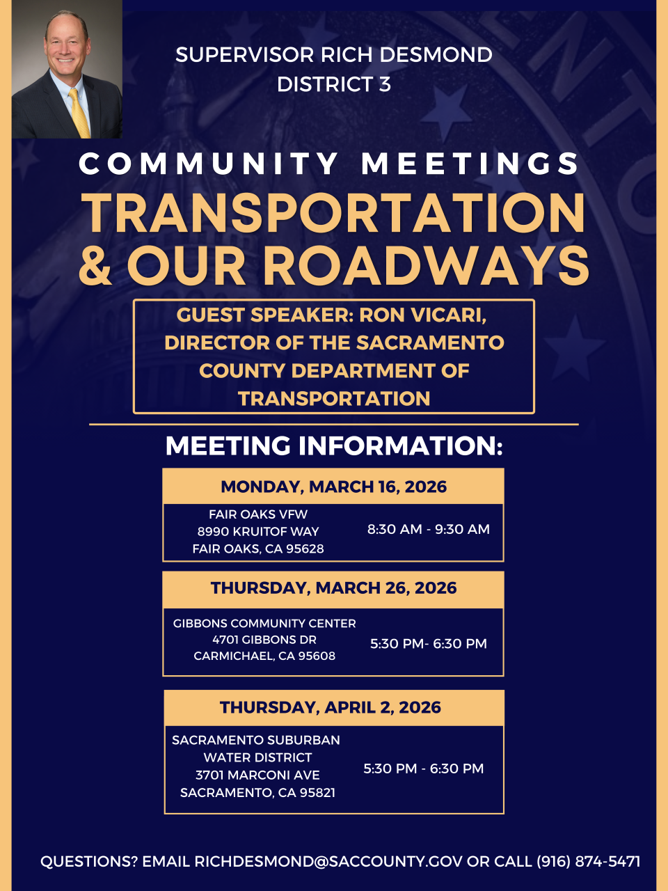 Community meetings on transportation featuring Ron Vicari. Dates: March 16, March 26, and April 2, 2026. Locations in CA.