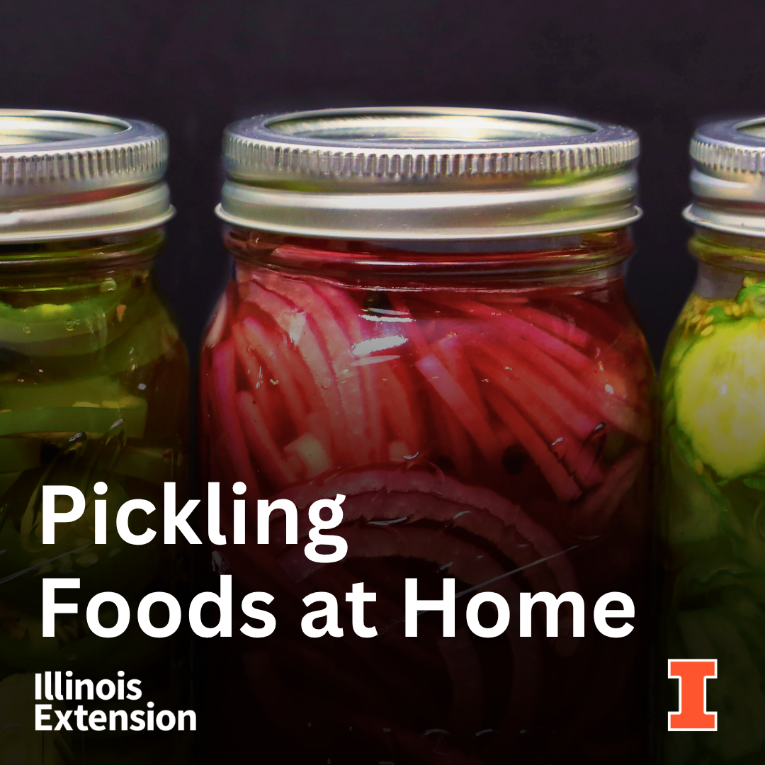 Jars of pickled vegetables, featuring greens and onions, with a title promoting home pickling by Illinois Extension.