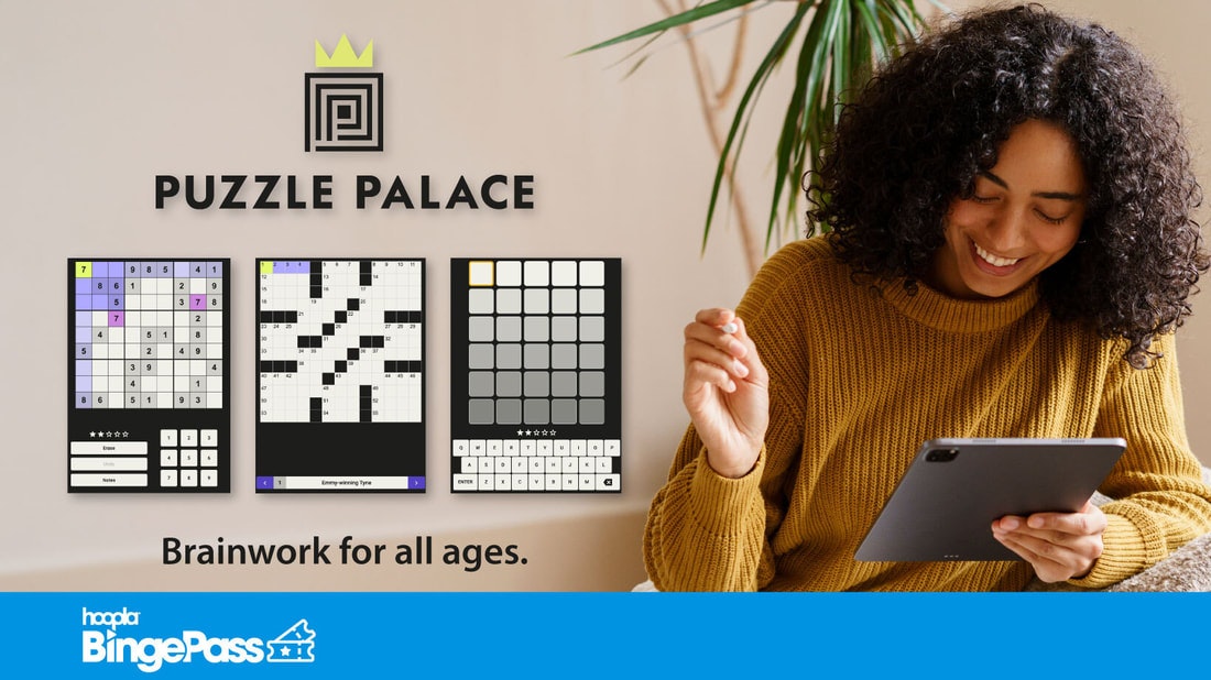 Woman with tablet, logo "Puzzle Palace", various puzzles, and text "Brainwork for all ages."