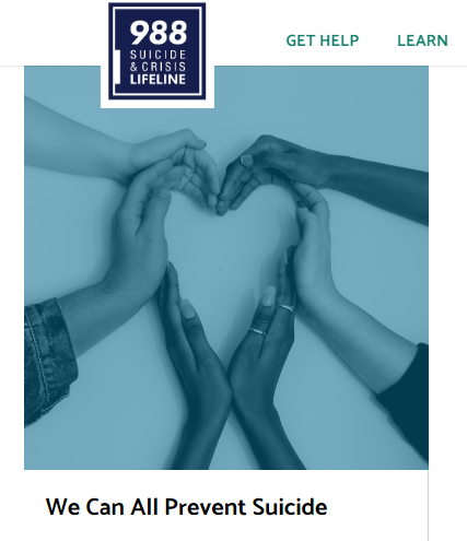 Hands forming a heart, "988 Suicide & Crisis Lifeline" logo, "We Can All Prevent Suicide" text.