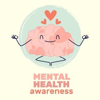 A smiling cartoon brain with hearts, meditating, inside a circle with "Mental Health awareness" text below.