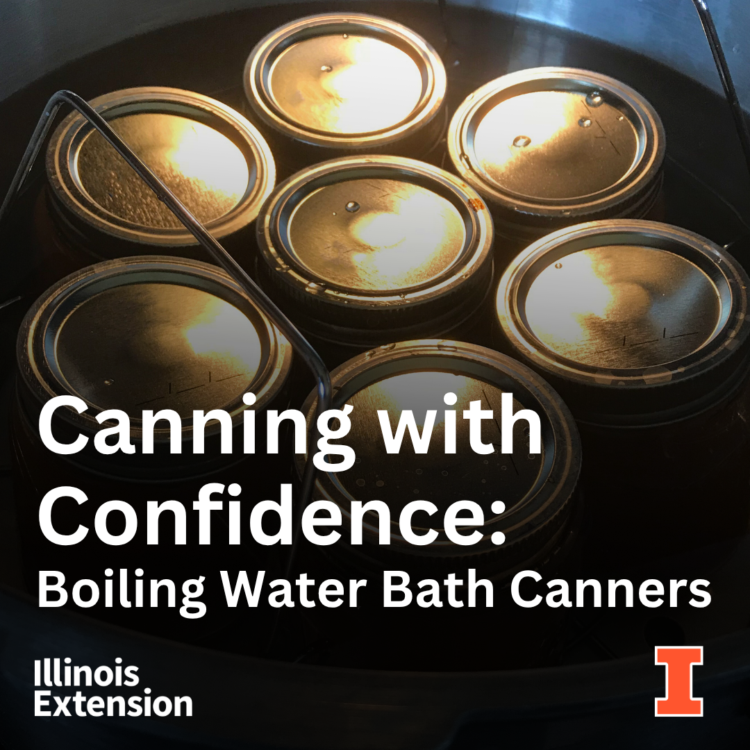 The image features a boiling water bath canner with jars inside, promoting safe canning practices.