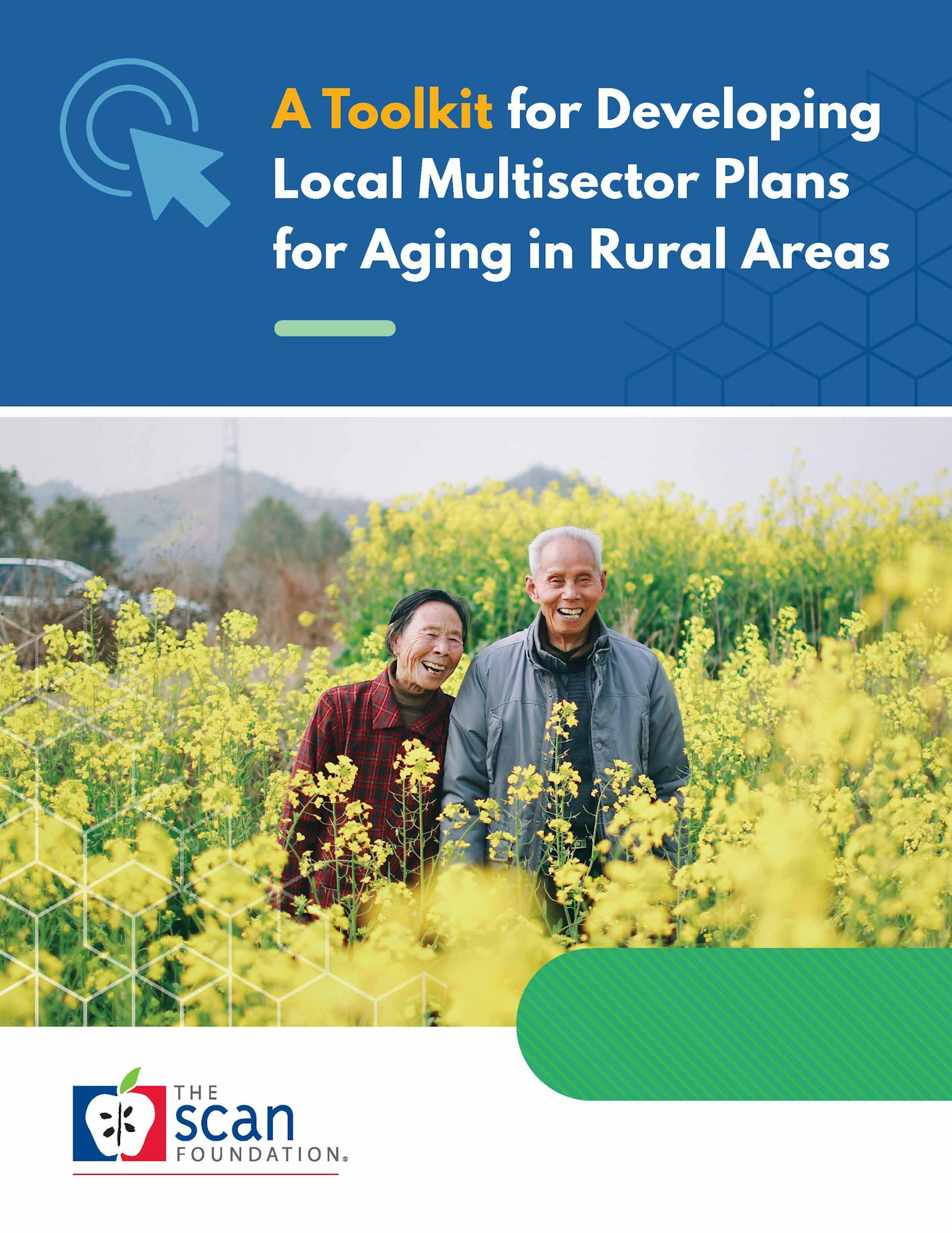 Cover for a toolkit on developing rural aging plans, featuring a smiling elderly couple in a field of yellow flowers.