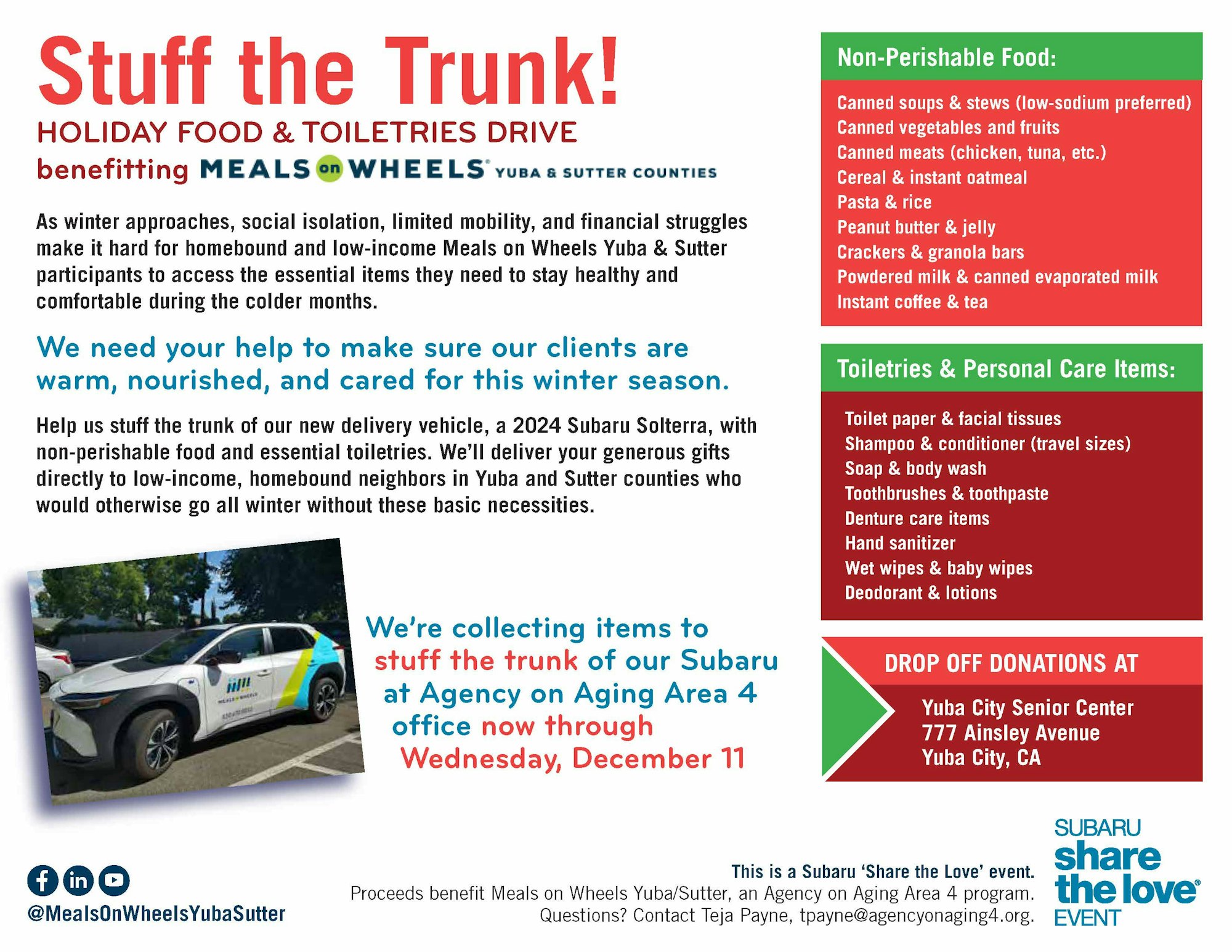 Holiday food & toiletries drive flyer for Meals on Wheels, listing requested donation items and drop-off location.