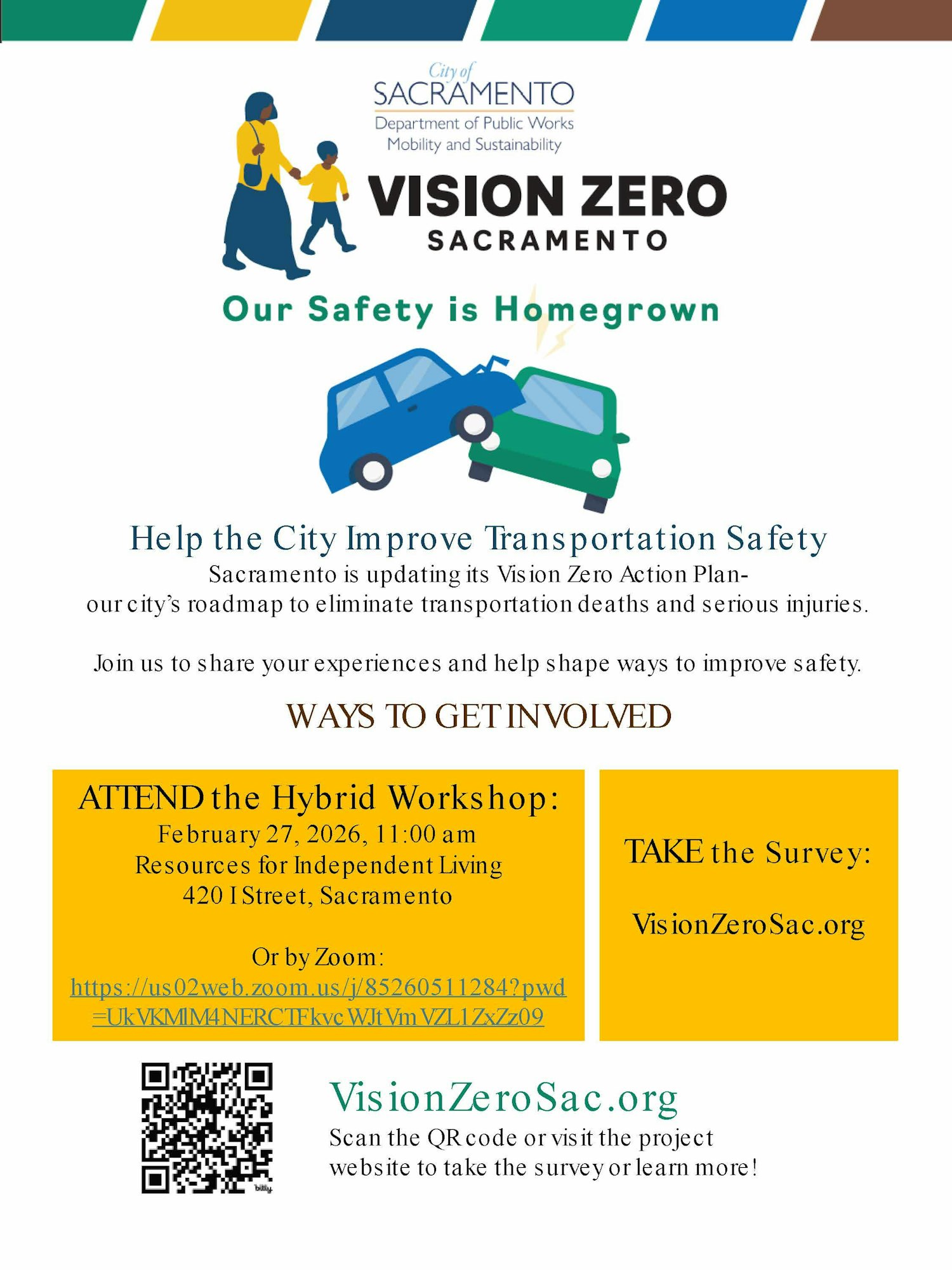 The image promotes a transportation safety workshop in Sacramento on February 27, 2026, aimed at reducing transportation-related injuries.