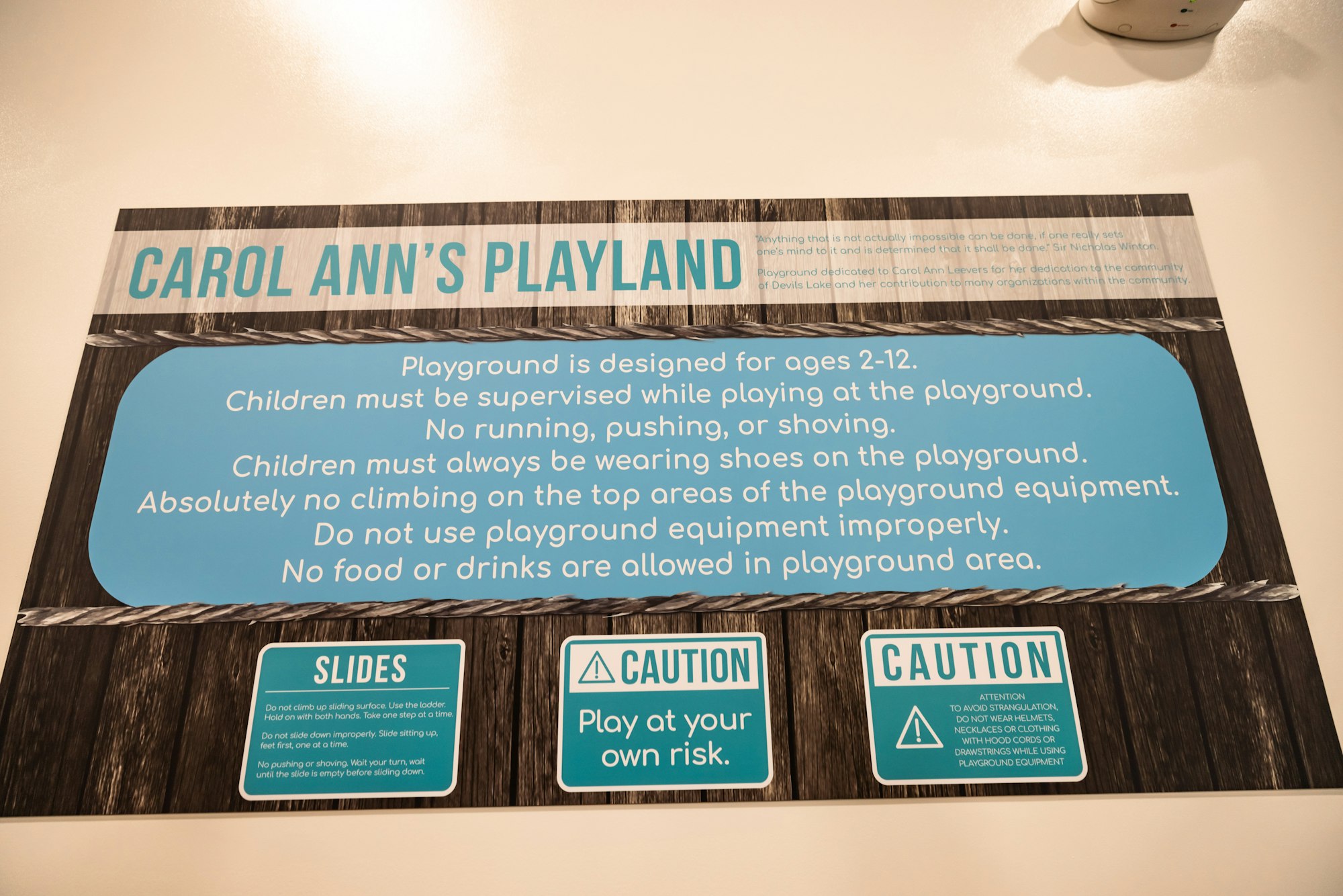 Signboard titled 'CAROL ANN'S PLAYLAND' with playground rules and caution signs for a children's play area.