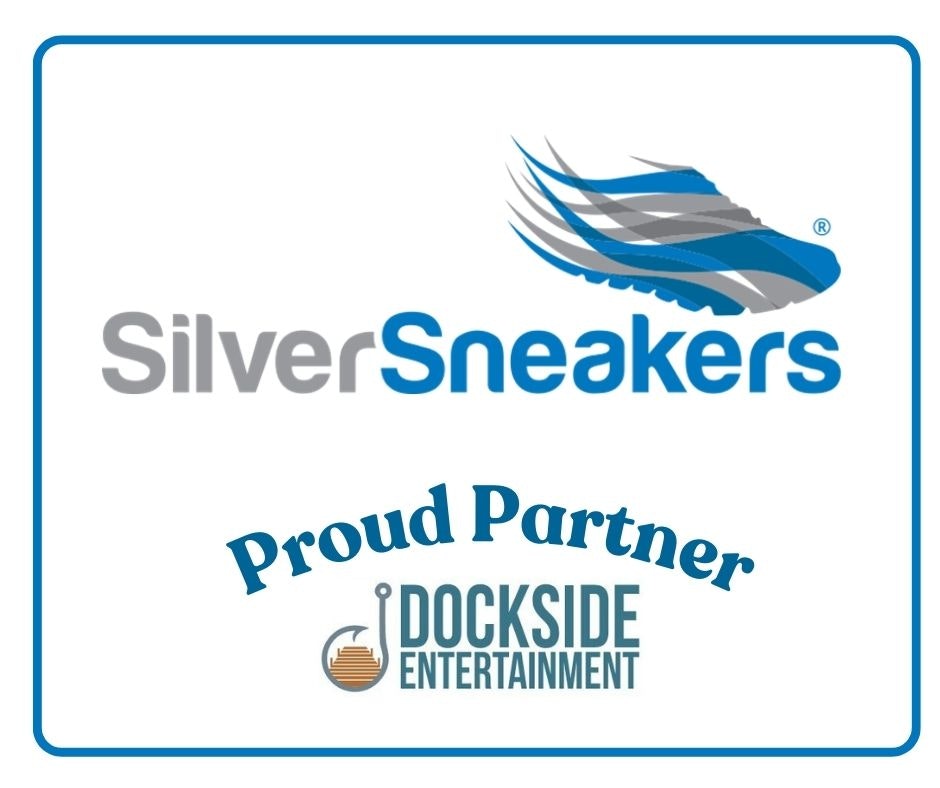 Logo of "SilverSneakers" and text announcing its partnership with "Dockside Entertainment."