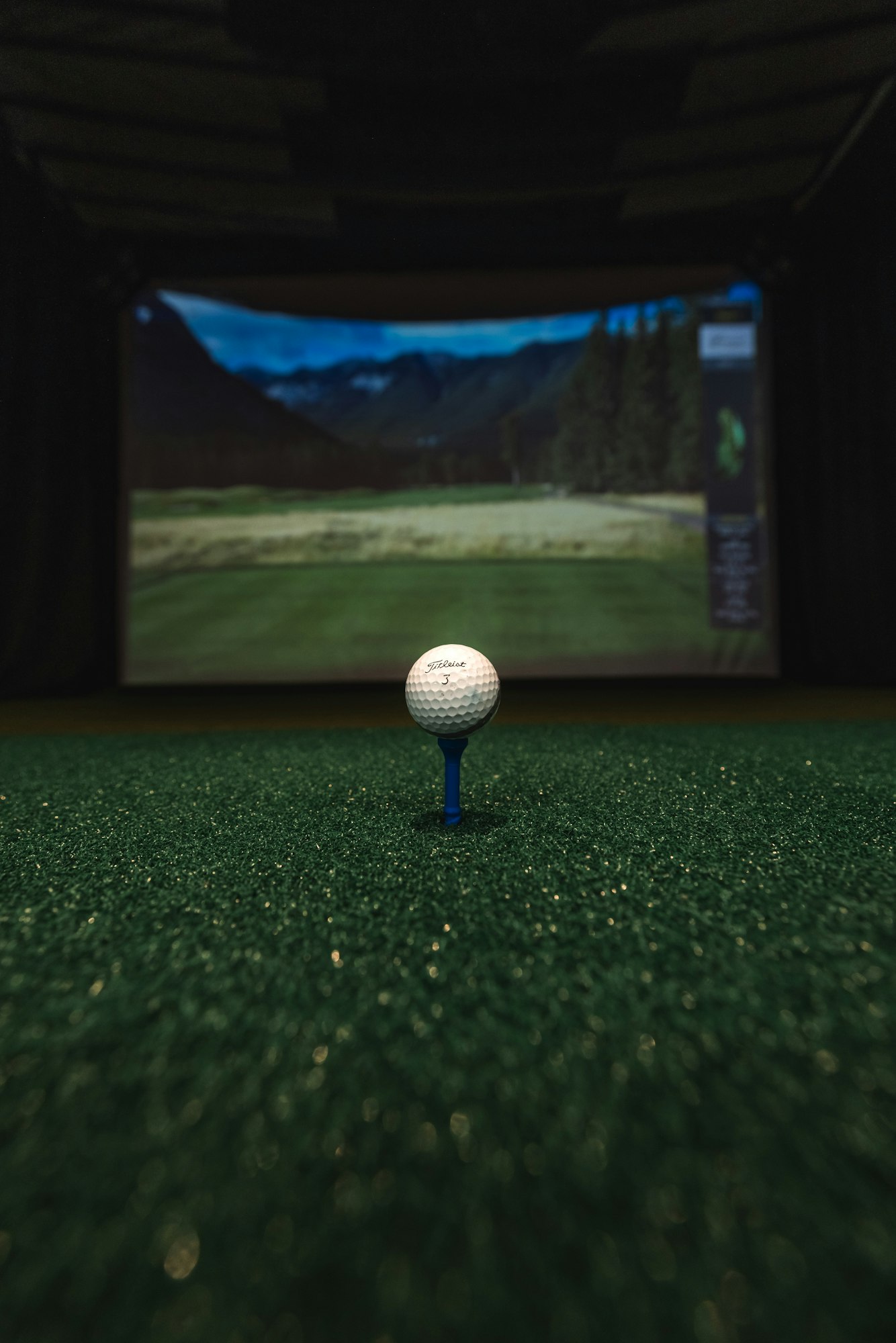 A golf ball on a tee with a simulated golf course backdrop.