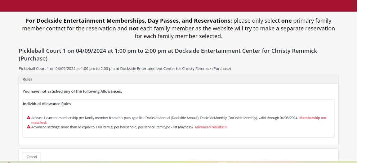 A screen displaying a reservation problem due to unmet membership requirements for a pickleball court slot.