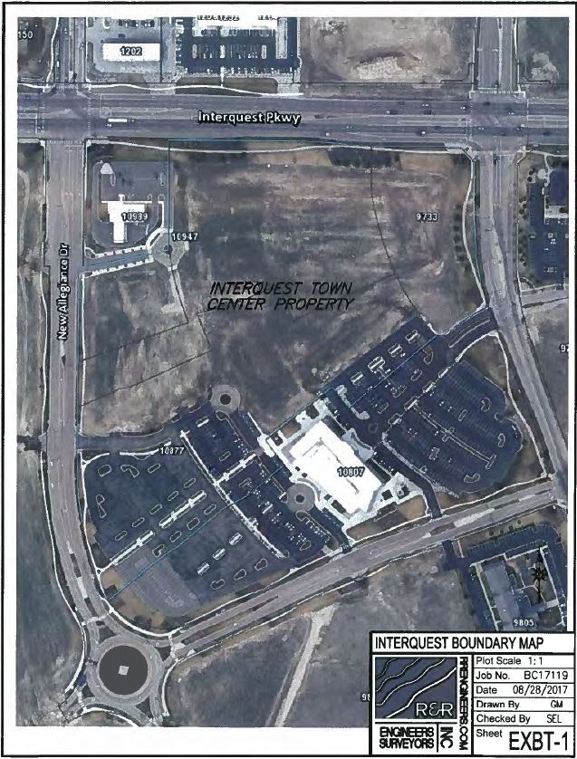 Aerial view of Interquest Town Center Property with labeled roads and buildings, dated 08/28/2017, by R&R Engineers.