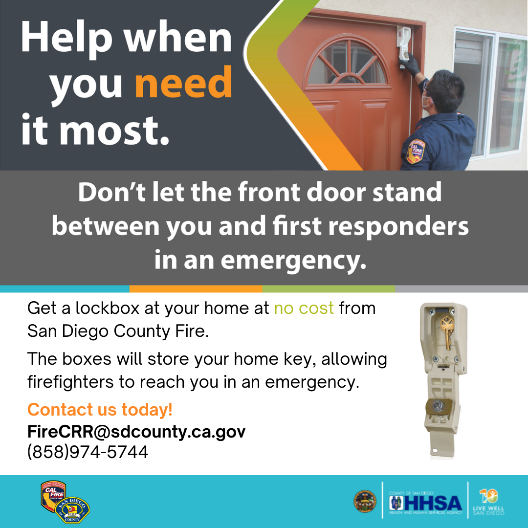 Ad image promoting free lockboxes from San Diego County Fire for emergency access, with contact info provided.