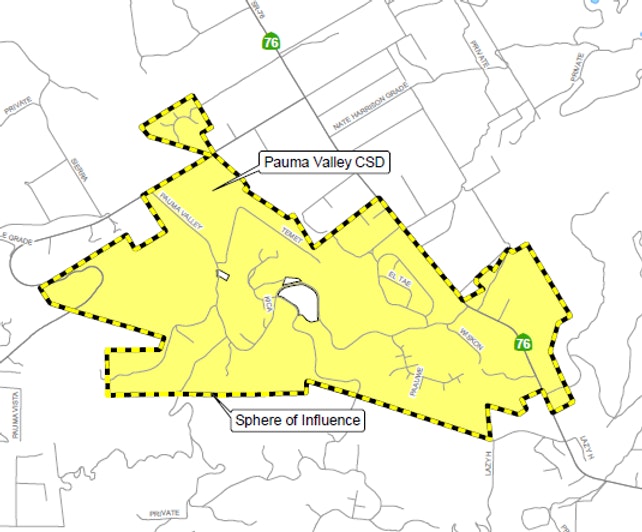 A map showing the boundaries and Sphere of Influence of Pauma Valley CSD.