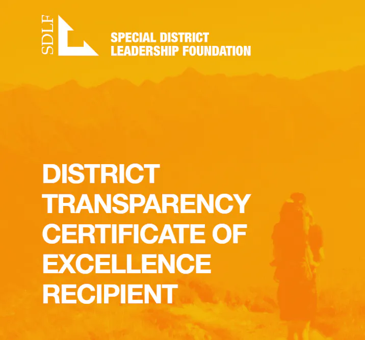 The image features a certificate titled "District Transparency Certificate of Excellence Recipient" from the Special District Leadership Foundation.